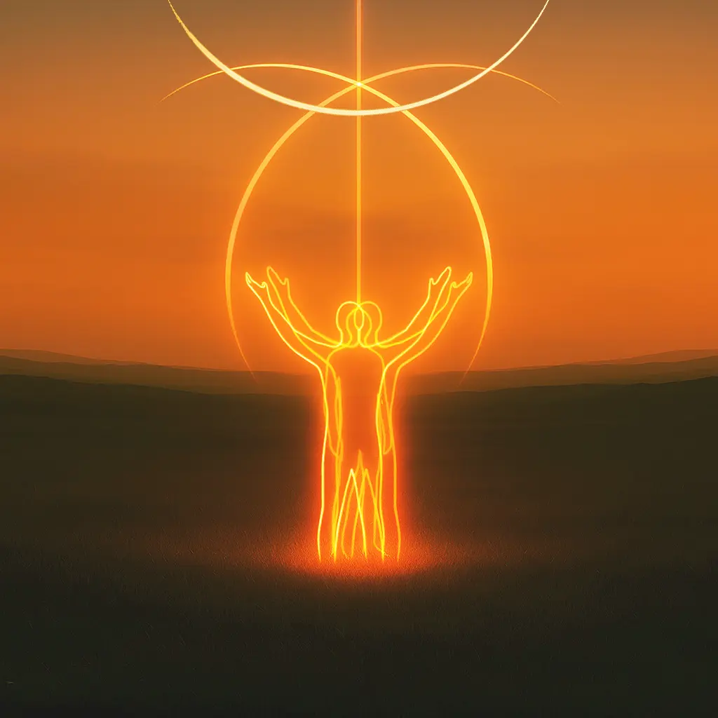 dagrosa-four-currents-decider “Glowing outline of a person with arms raised in a field at sunset beneath a curved arc and vertical beam of light.”